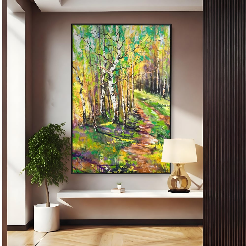 Tablou canvas cu tablou canvas cu padure si mesteacani, in rama de aluminiu negru